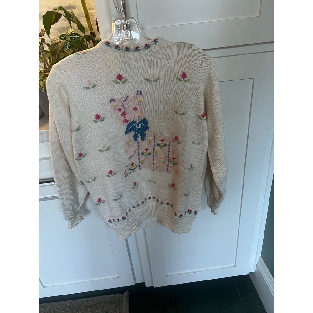 Vintage Abercrombie Y2K Fitch Teddy Bear Floral Cotton Knit Sweater Cream Medium